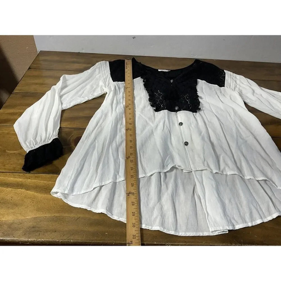 Tasha Polizzi Lace Trimmed V-Neck Loose Fit Sheer White Black Blouse - Picture 9 of 16